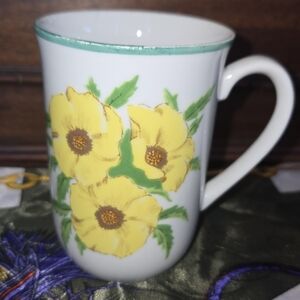 Floral Ceramic Japanese Mug with Yellow Flowers Stamped 0135 JAPAN Floral Cup